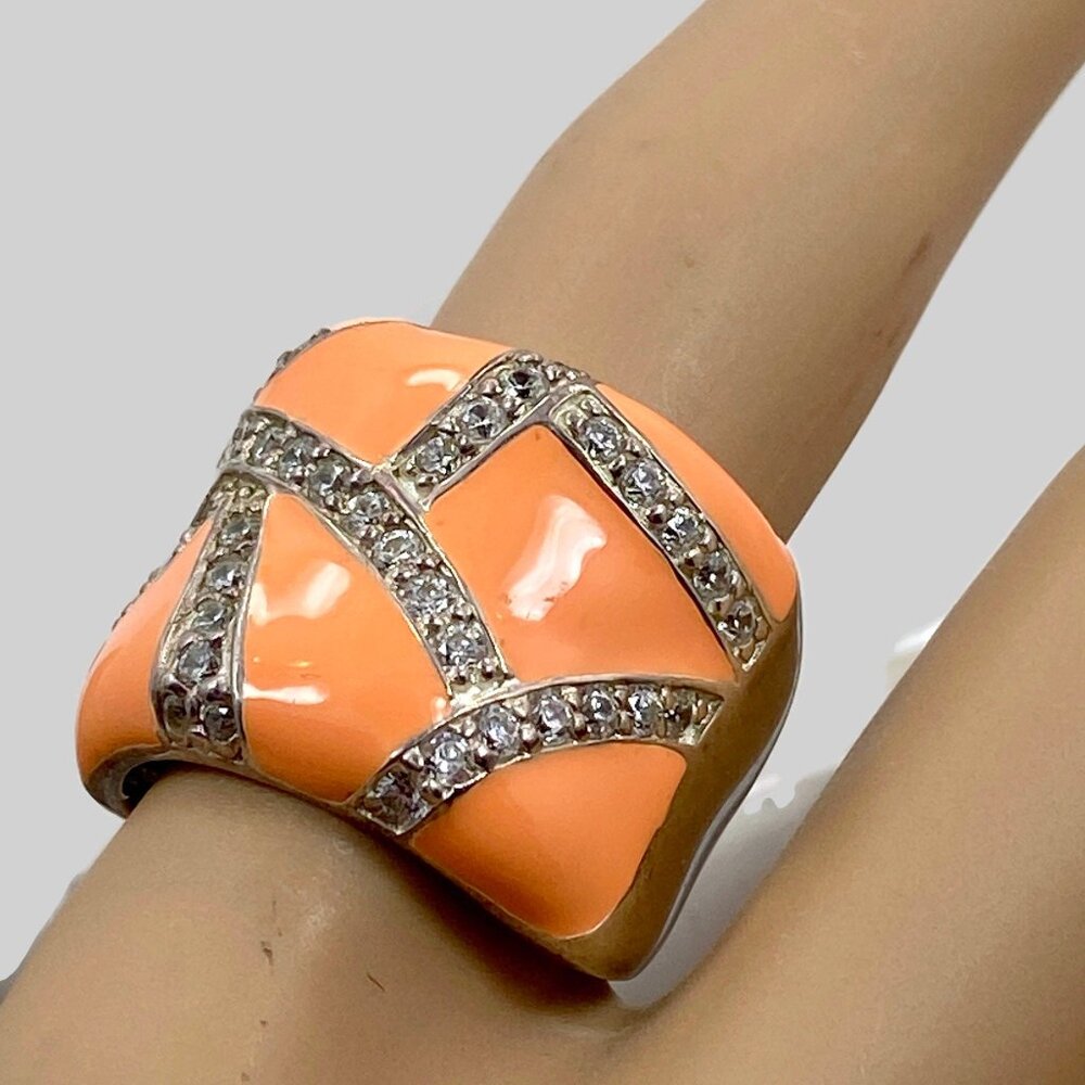 Wide Ring, Peach Enamel Sterling Silver, Vintage, Size 8, Crystals, Faux Diamond